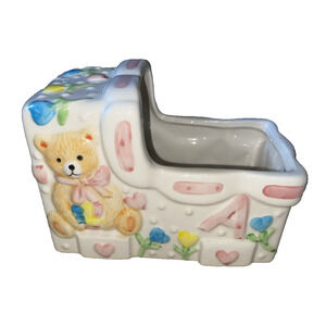 Vintage Ceramic Baby Bassinet Planter Keepsake Pastel Flowers Boy or Girl